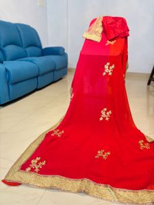 Vibrant Pink &amp; Coral Embroidered Saree