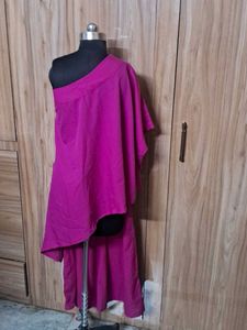 Magenta one shoulder with Gold Trim