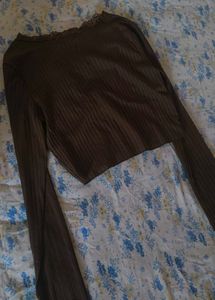 Brown Ribbed Lace Trim Crop Top💅