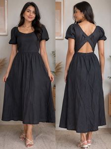 Black Cutout Puff Sleeve Midi Dress