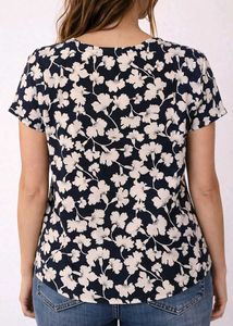 Navy Floral Print V-Neck Top