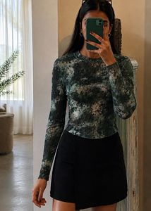 Green Abstract Print Mesh Top