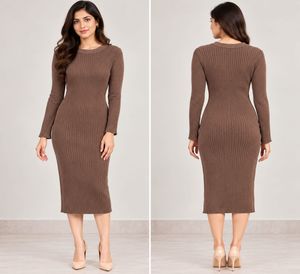 Women’s Brown Ribbed Bodycon Midi Dress