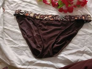 Brown Bikini Bottom with Patterned Waistband