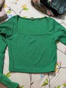 Green Square Neck Ribbed Top