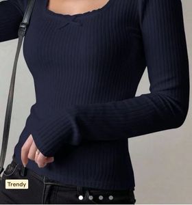 Navy Blue Ribbed Long Sleeve Top with Bow