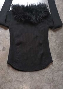 Faux Fur Trim Black Sweater