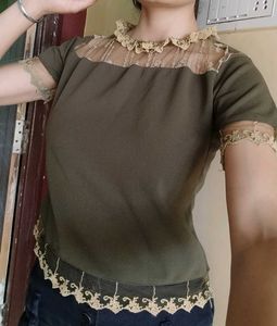 Olive Green Lace Trim Top