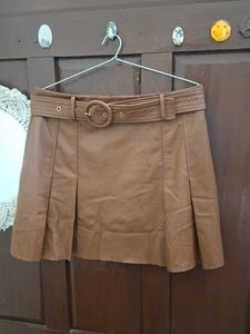 Brown Faux Leather Skirt with Belt