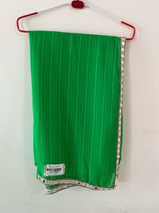 Vibrant Green Striped Saree with Mirror Work