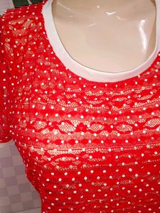 (481)Red Polka Dot Ringer Tee