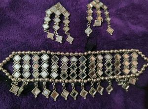 Silver Oxidised Mirror Necklace &amp; Earring Set