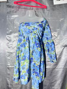 Blue Floral One-Shoulder Midi Dress
