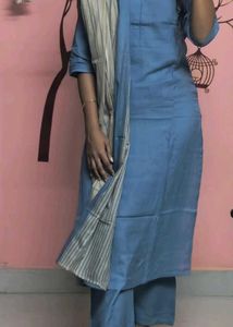 Blue Kurta Set with Matching Pants and Striped Dup