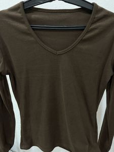 Brown V-Neck Long Sleeve Top