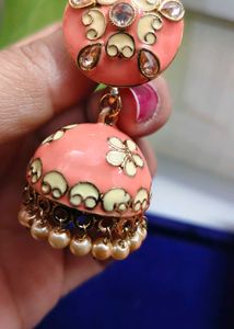 Elegant Coral Jhumka Earrings with Pearl Dangles