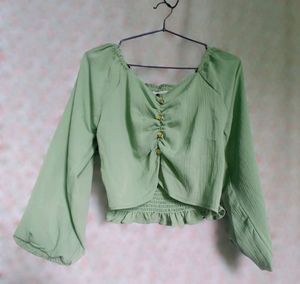 Ruched Crop Top (Pastle Green And Floral Print)