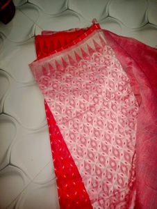 Vibrant Red Cotton Saree with White Motifs