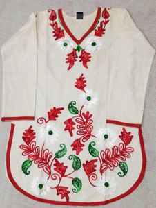 White Kurti With Red Embroidery