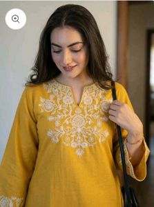 Embroidery Yellow Cotton Kurta Set with Palazzo Pa