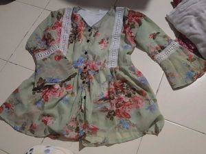 Floral Print Kurta with Bell Sleeves