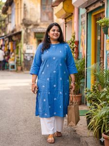 Blue Cotton Kurta with White Print