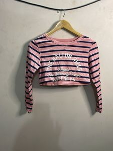 Pink Striped Cropped Long Sleeve Top