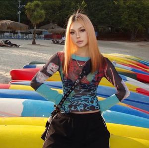 Y2K Mesh Graphic Print Top