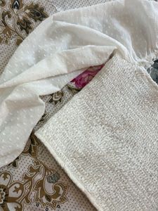 BERSHKA White Smocked Blouse with Puff Sleeves