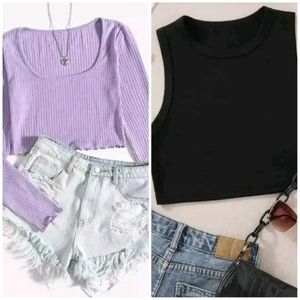 Combo Pack -2 Lilac Ribbed Crop Top & Denim Shorts