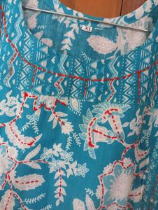 Teal Floral Print Sleeveless Kurta