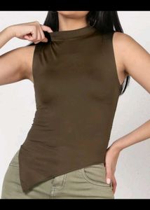 Ruched Sleeveless Mock Neck Asymmetrical Top