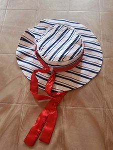 Striped Wide Brim Hat with Red Ribbon