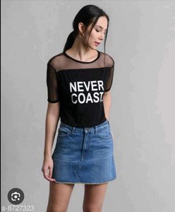 Sheer Neck Black Graphic T-Shirt