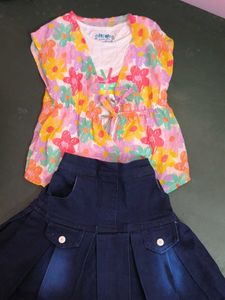 Cute Floral Top & Denim Skirt Set