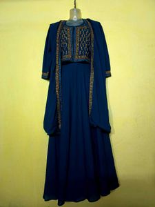 Elegant Blue Embroidered Gown with Jacket