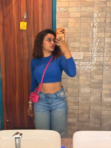 Blue Cropped Long Sleeve Top