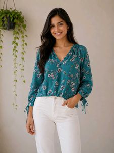 Teal Floral Print V-Neck Blouse