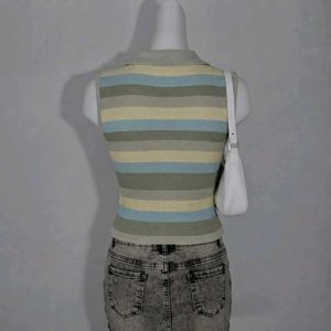 Striped Polo Collar Sleeveless Top