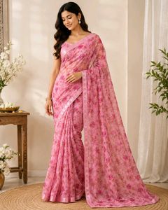 Elegant Pink Floral Print Saree