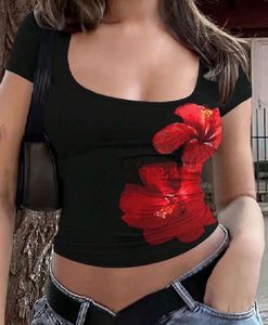 Black Crop Top with Red Flower Print