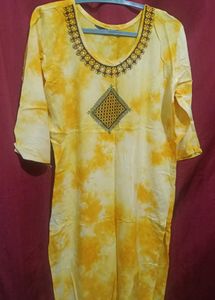 Yellow Tie-Dye Kurta with Embroidery