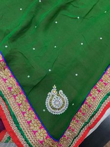 Elegant Heavy Green And Pink Embellished Saree