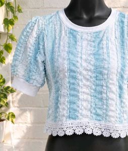 Blue &amp; White Textured Puff Sleeve Top
