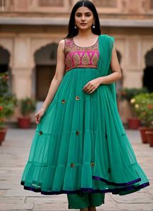 Sky Blue &amp; Green Anarkali Dress  🌟