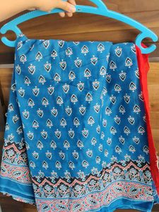 Beautiful Blue Block Print Saree - Pure Cotton