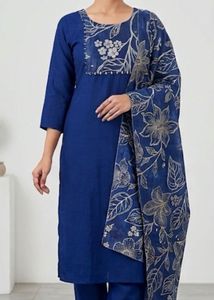 Royal Blue Printed Cotton Kurta Set with Matching