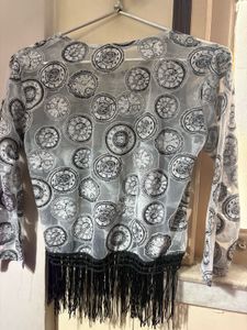 Sheer Clock Print Top with Fringe