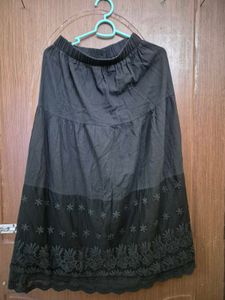 Black Boho Embroidered Lace Tiered Midi Skirt