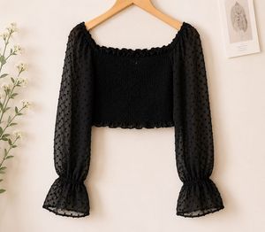 Chic Black Square Neck Smocked Crop Top